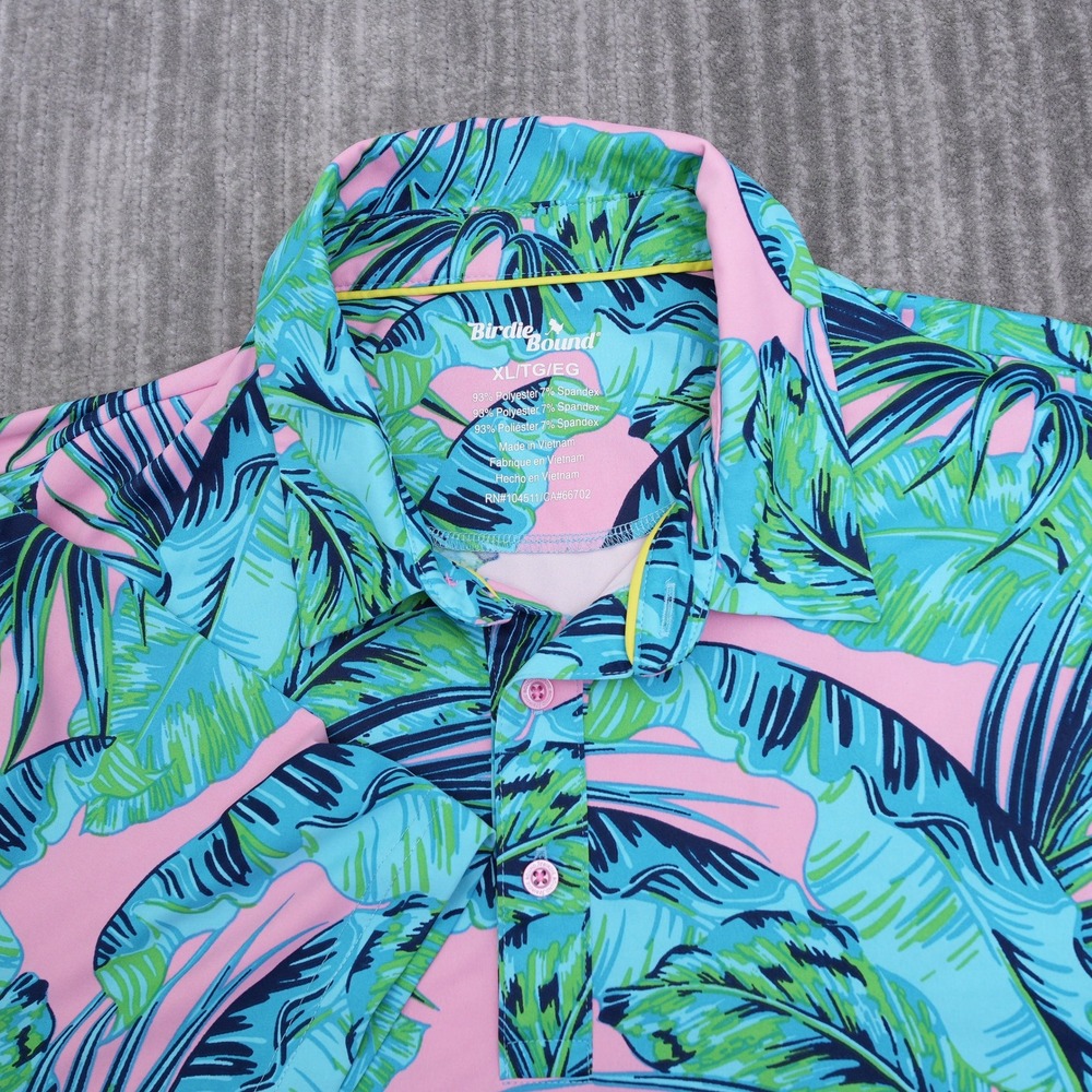Birdie Bound Men XL Tropical Palm Leaf Button Up Shirt Pink Teal Performance